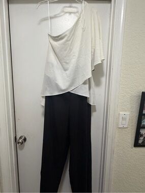 Asymmetrical White One-Shoulder Jumpsuit with Black Wide-Leg Pants